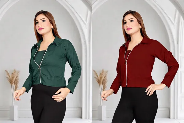 Maroon_Crop_Jacket_With_Front_Zip_And_Collared_Design_And_Dark_Green_Cropped_Tube_Top_With_Matching_Jacket_Set_Pack_Of_2