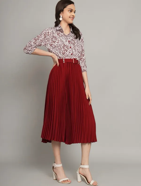 Green_Pleated_Midi_Skirt_With_Sequin_Shirt_Outfit_Set_And_Girls_Pleated_Midi_Skirt_With_Sequin_Shirt_-_Maroon_Pack_Of_2