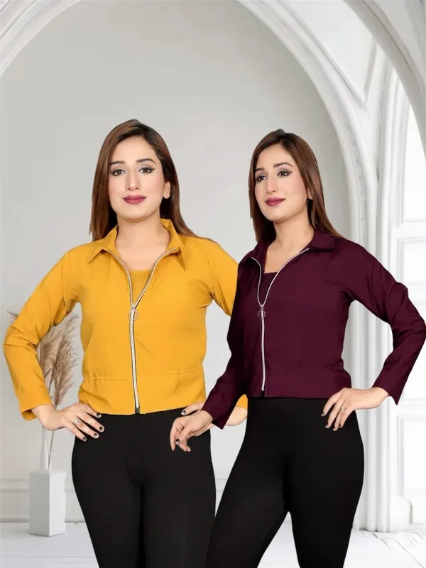 Women_Purple_Bomber_Jacket_With_Crop_Top_And_Girls_Mustard_Yellow_Crop_Jacket_With_Zip_Closure_Pack_Of_2