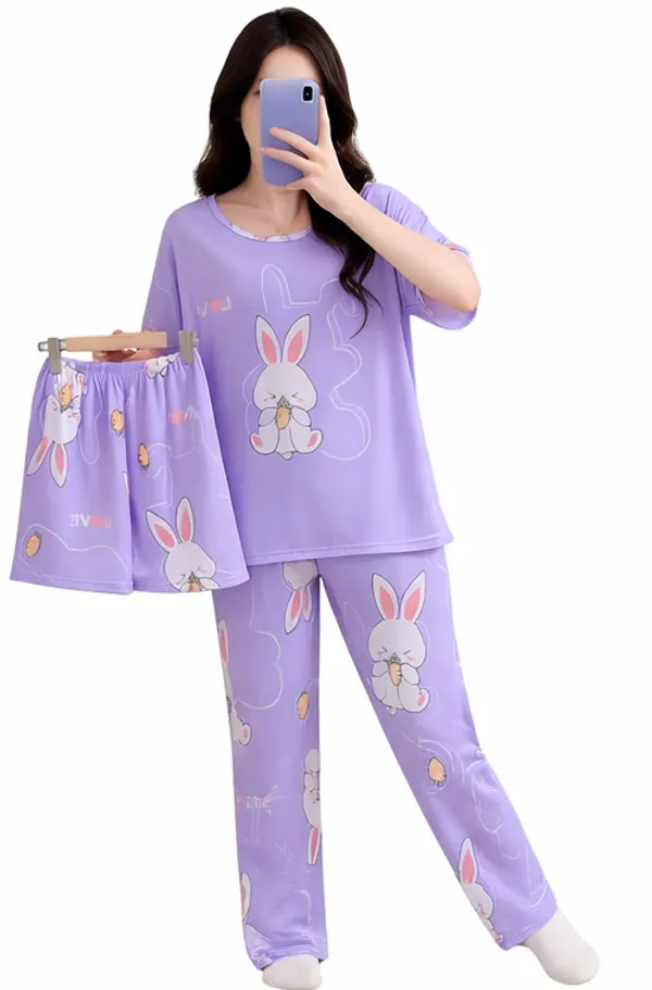 Lavender_Purple_Bunny_Print_Cotton_Pajama_Set_For_Women