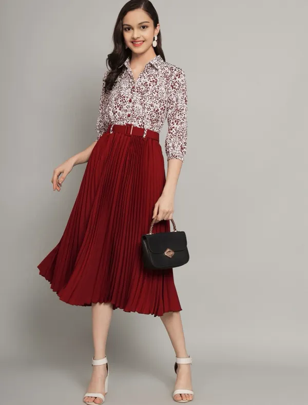 Green_Pleated_Midi_Skirt_With_Sequin_Shirt_Outfit_Set_And_Girls_Pleated_Midi_Skirt_With_Sequin_Shirt_-_Maroon_Pack_Of_2
