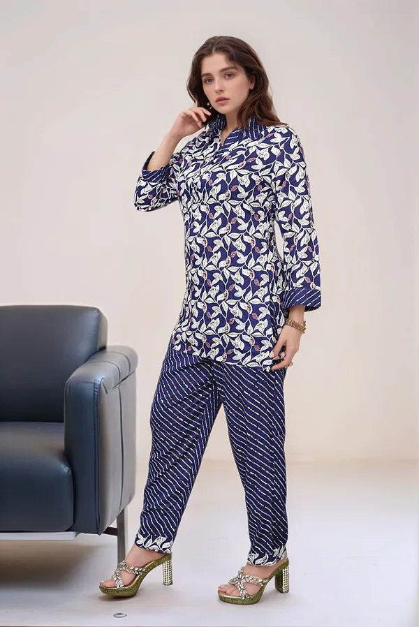 Navy_Blue_Floral_Print_Cotton_Kurta_And_Striped_Pants_Set