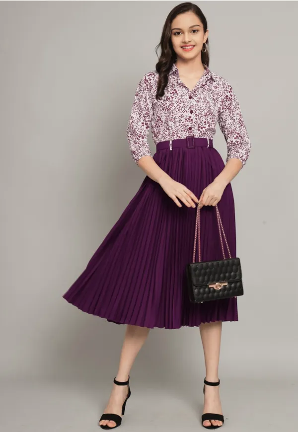 Purple_Floral_Print_Belted_Pleated_Midi_Skirt_With_Shirt_And_Girls_Mustard_Yellow_Crop_Jacket_With_Zip_Closure_Pack_Of_2