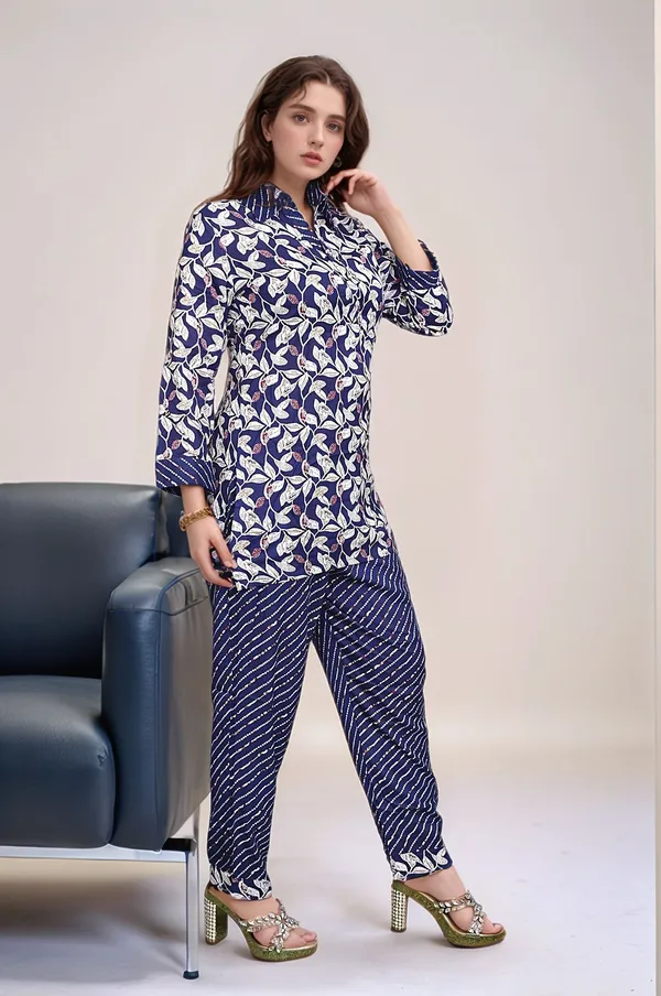 Navy_Blue_Floral_Print_Cotton_Kurta_And_Striped_Pants_Set