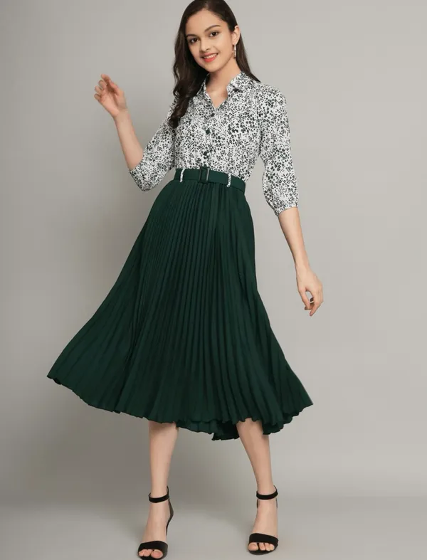 Green_Pleated_Midi_Skirt_With_Sequin_Shirt_Outfit_Set_And_Girls_Pleated_Midi_Skirt_With_Sequin_Shirt_-_Maroon_Pack_Of_2