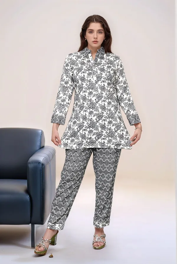 White_And_Black_Floral_Print_Co-Ord_Set_With_Mandarin_Collar
