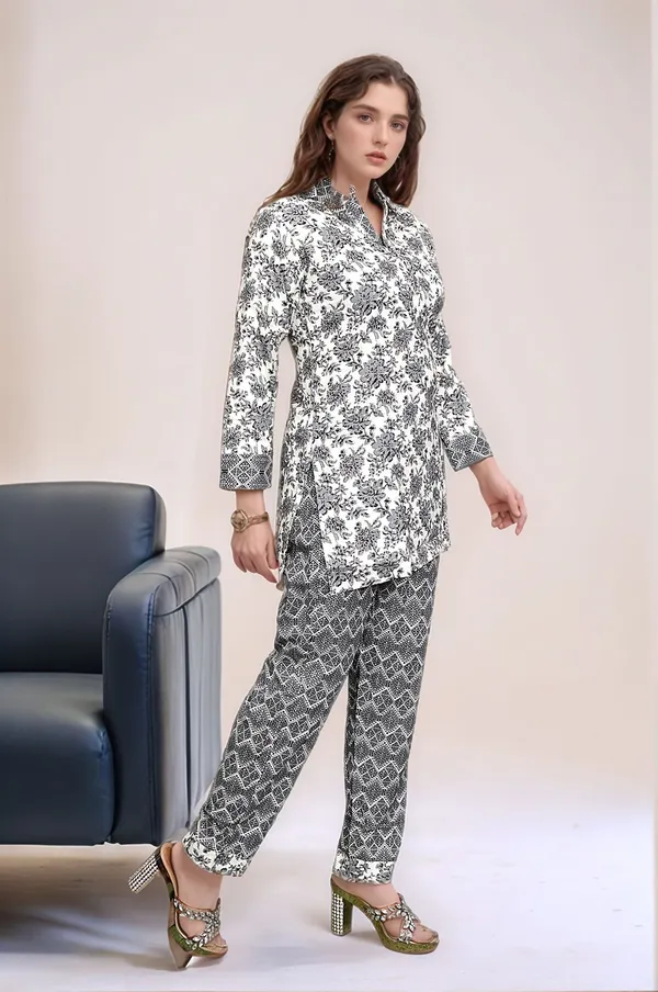 White_And_Black_Floral_Print_Co-Ord_Set_With_Mandarin_Collar