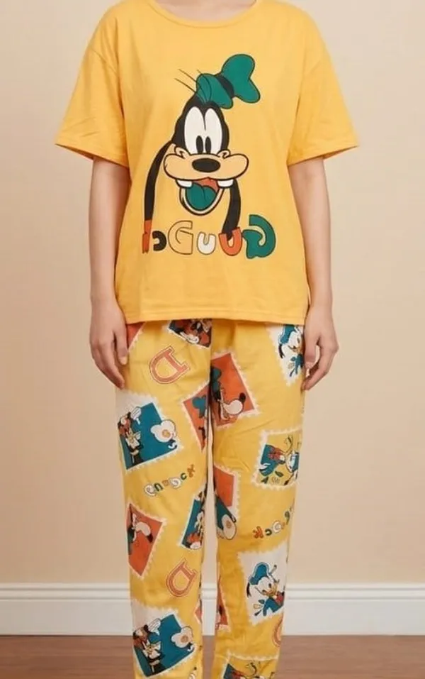 Goofy_Character_Print_Yellow_Pajama_Set_For_Women