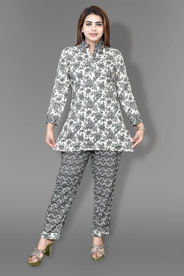 White_And_Black_Floral_Print_Co-Ord_Set_With_Mandarin_Collar