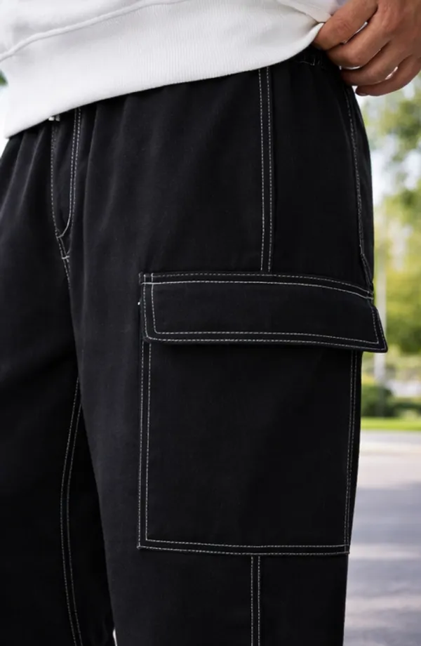 Boys_Black_Cargo_Pants_With_White_Contrast_Stitching_And_Drawstring_Waist