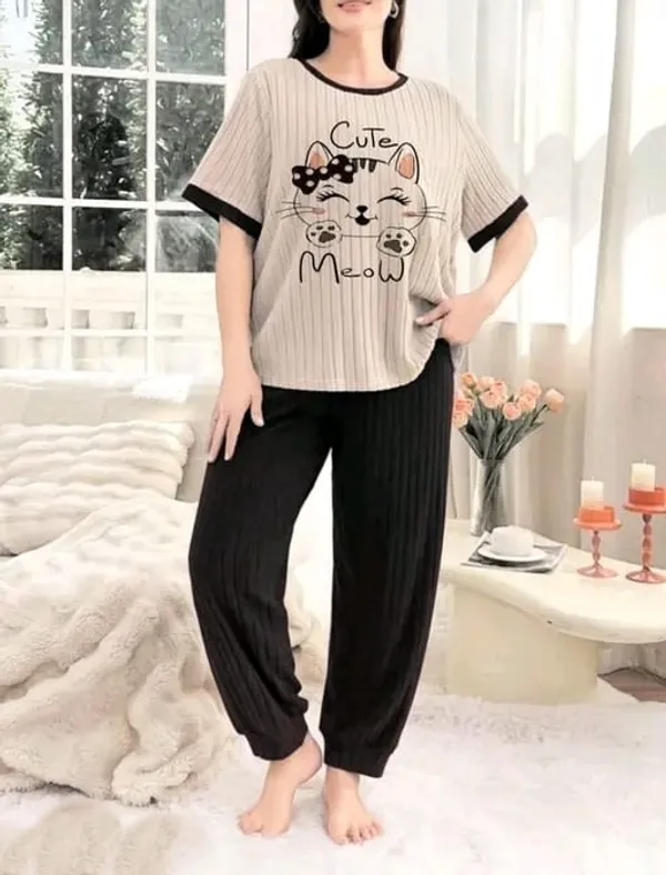 Cute_Meow_Cat_Print_Ribbed_Pajama_Set_-_Beige_&_Black