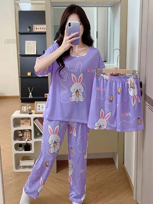 Lavender_Purple_Bunny_Print_Cotton_Pajama_Set_For_Women