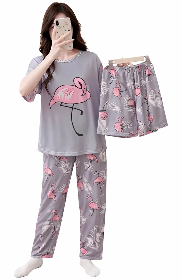Grey_Flamingo_Print_Cotton_Sleepwear_Set_-_3-Piece_Pajama_Nightwear