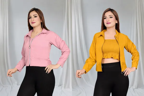 Women_Mustard_Yellow_Crop_Jacket_With_Zip_Closure_And_Girls_Pink_Cropped_Jacket_With_Front_Zip_Pack_Of_2