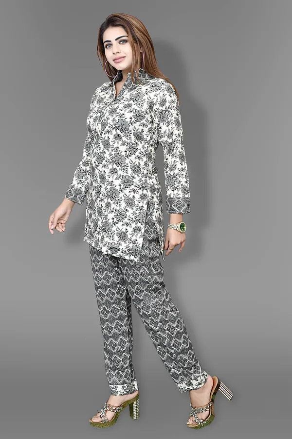 White_And_Black_Floral_Print_Co-Ord_Set_With_Mandarin_Collar