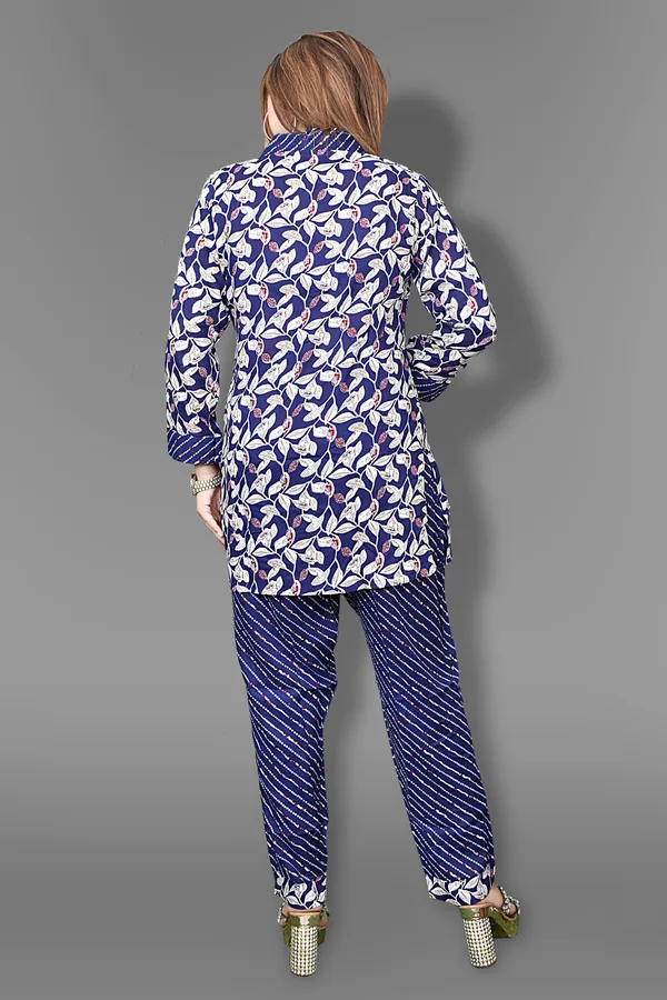 Navy_Blue_Floral_Print_Cotton_Kurta_And_Striped_Pants_Set