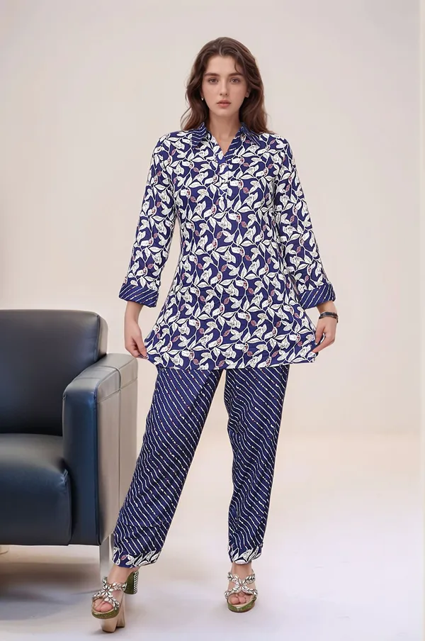 Navy_Blue_Floral_Print_Cotton_Kurta_And_Striped_Pants_Set