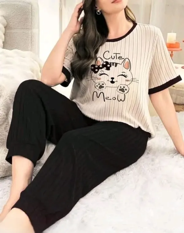 Cute_Meow_Cat_Print_Ribbed_Pajama_Set_-_Beige_&_Black