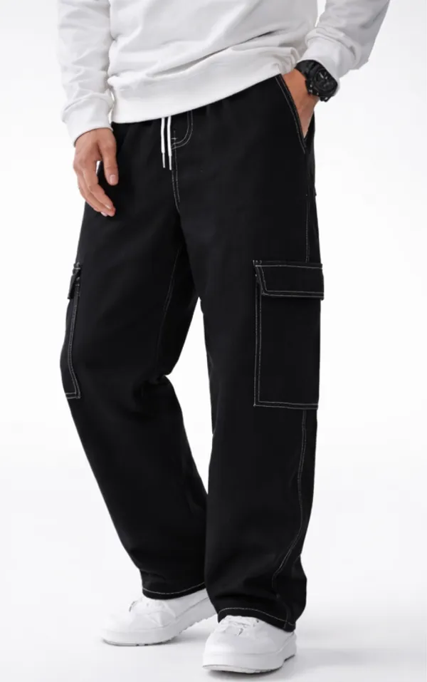 Boys_Black_Cargo_Pants_With_White_Contrast_Stitching_And_Drawstring_Waist