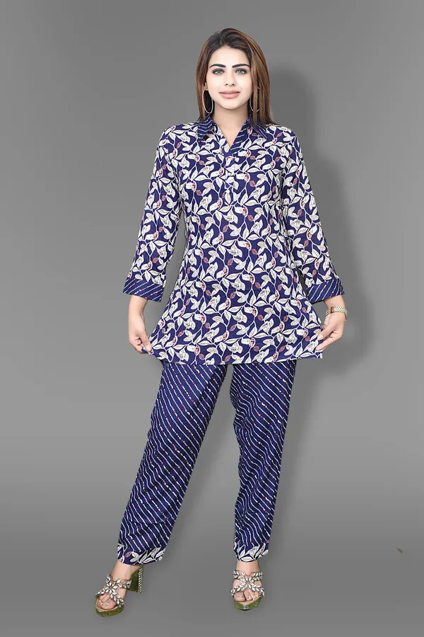 Navy_Blue_Floral_Print_Cotton_Kurta_And_Striped_Pants_Set