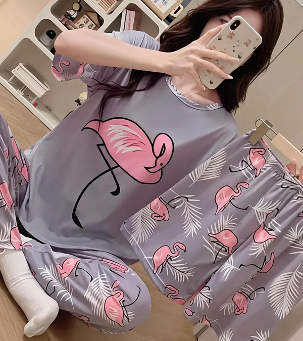 Grey_Flamingo_Print_Cotton_Sleepwear_Set_-_3-Piece_Pajama_Nightwear