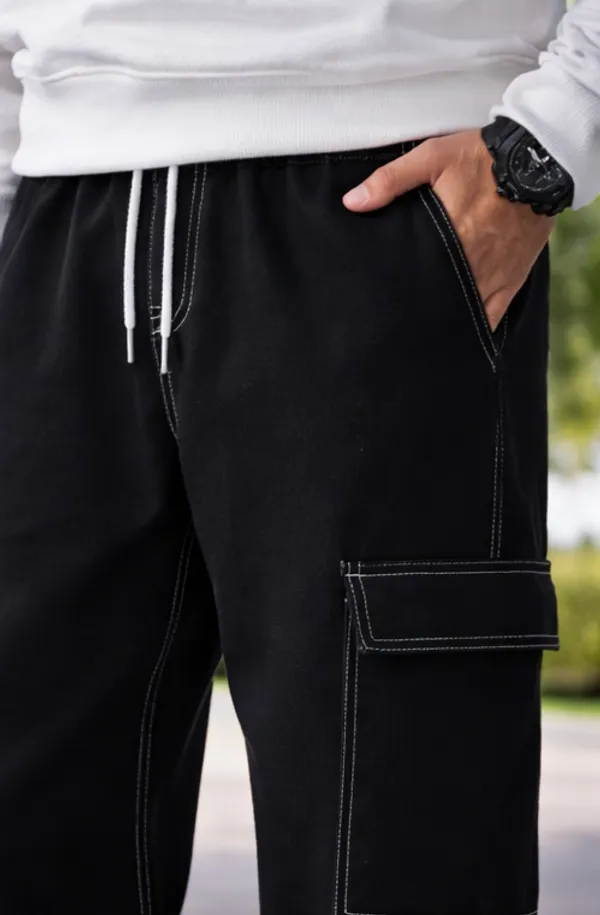Boys_Black_Cargo_Pants_With_White_Contrast_Stitching_And_Drawstring_Waist