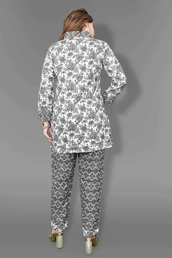 White_And_Black_Floral_Print_Co-Ord_Set_With_Mandarin_Collar