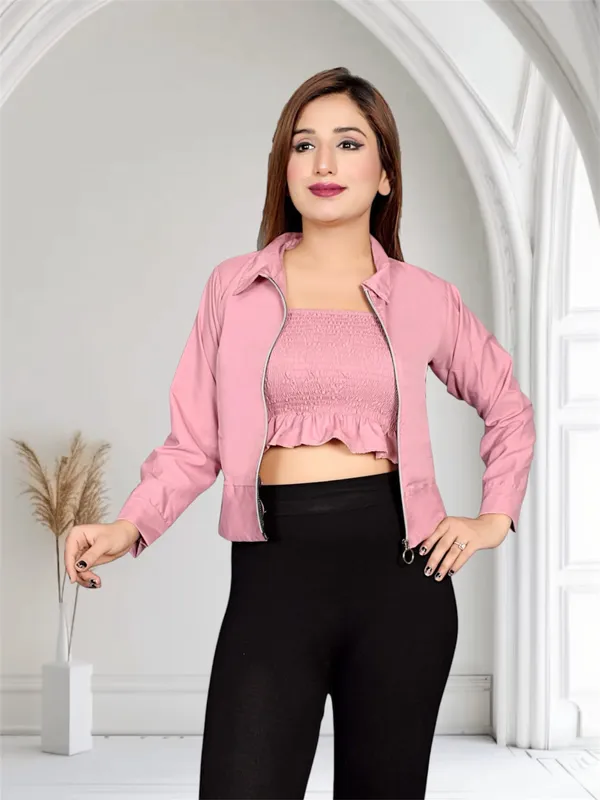 Women_Pink_Cropped_Jacket_With_Front_Zip