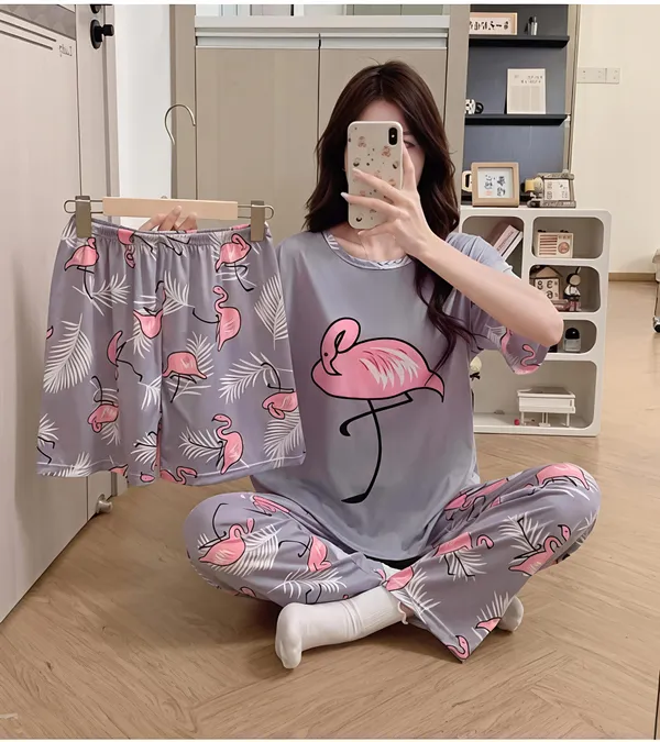 Grey_Flamingo_Print_Cotton_Sleepwear_Set_-_3-Piece_Pajama_Nightwear