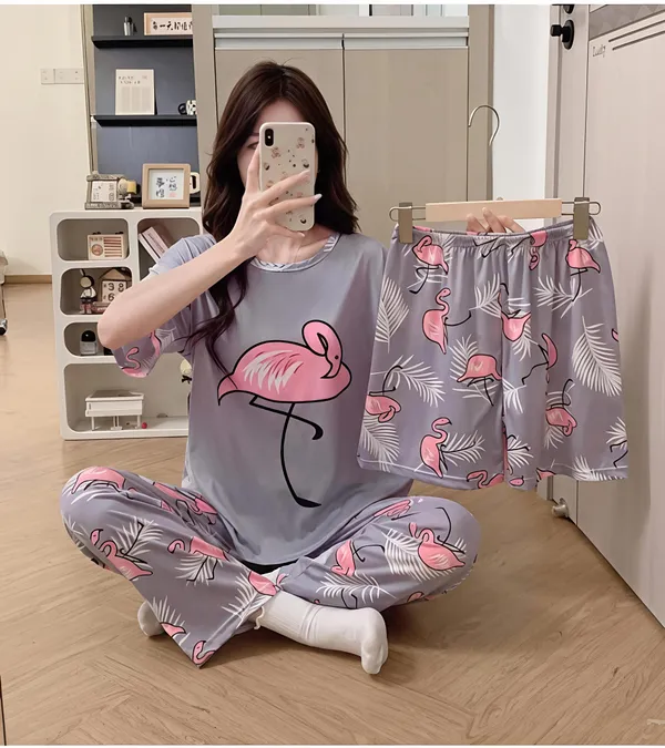 Grey_Flamingo_Print_Cotton_Sleepwear_Set_-_3-Piece_Pajama_Nightwear