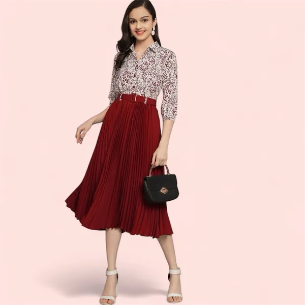Green_Pleated_Midi_Skirt_With_Sequin_Shirt_Outfit_Set_And_Girls_Pleated_Midi_Skirt_With_Sequin_Shirt_-_Maroon_Pack_Of_2