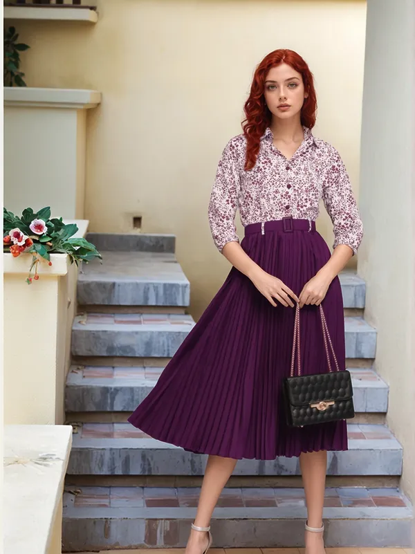 Purple_Floral_Print_Belted_Pleated_Midi_Skirt_With_Shirt_And_Girls_Mustard_Yellow_Crop_Jacket_With_Zip_Closure_Pack_Of_2