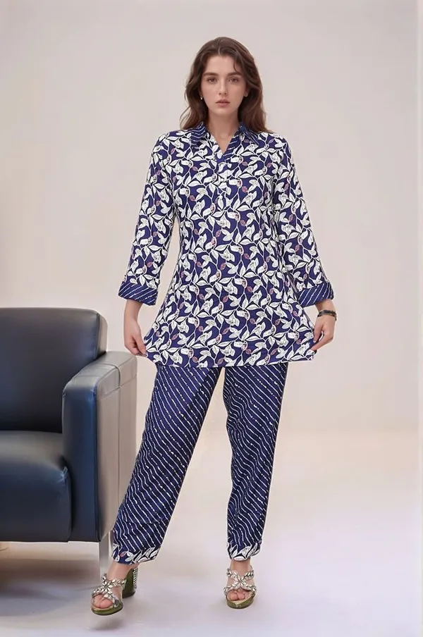 Navy_Blue_Floral_Print_Cotton_Kurta_And_Striped_Pants_Set