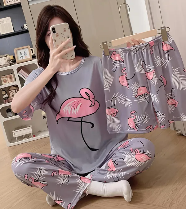 Grey_Flamingo_Print_Cotton_Sleepwear_Set_-_3-Piece_Pajama_Nightwear