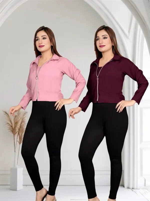 Women_Purple_Bomber_Jacket_With_Crop_Top_And_Girls_Pink_Cropped_Jacket_With_Front_Zip_Pack_Of_2