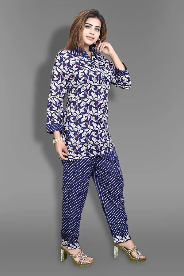 Navy_Blue_Floral_Print_Cotton_Kurta_And_Striped_Pants_Set