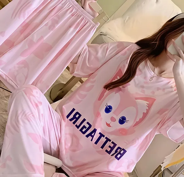 Pink_Cat_Print_Pajama_Set_For_Women