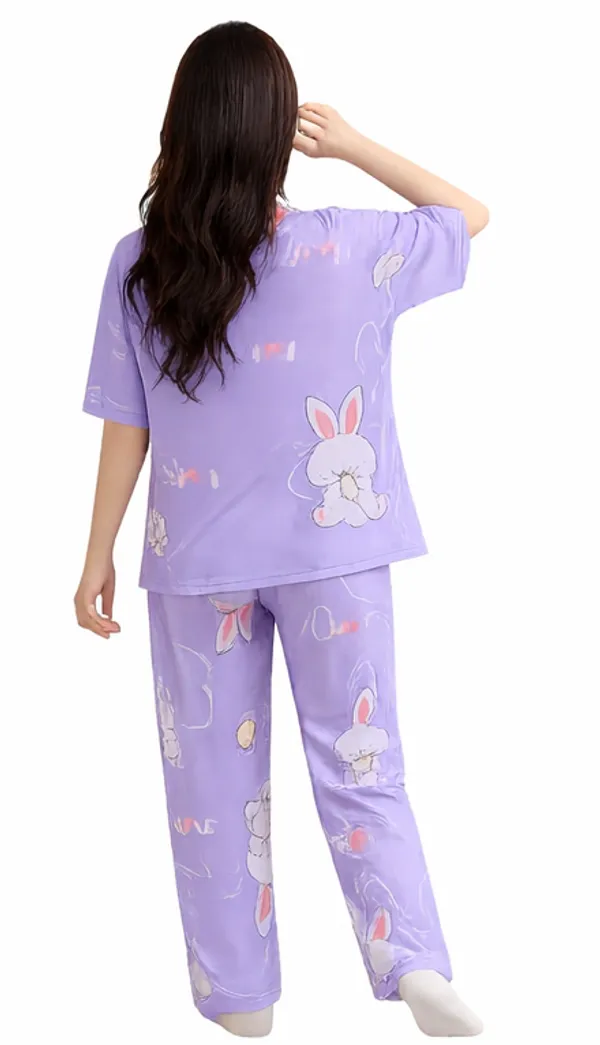 Lavender_Purple_Bunny_Print_Cotton_Pajama_Set_For_Women