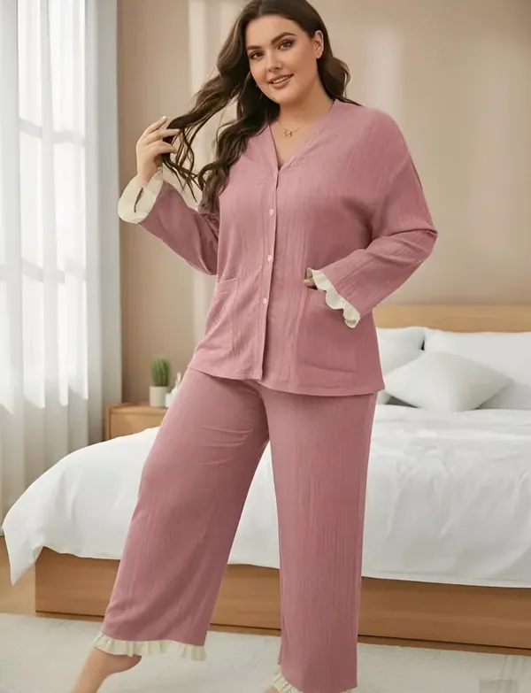 Women_Dusty_Pink_Pajama_Set_With_Cream_Ruffle_Trim