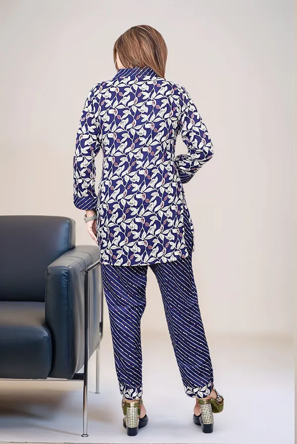Navy_Blue_Floral_Print_Cotton_Kurta_And_Striped_Pants_Set
