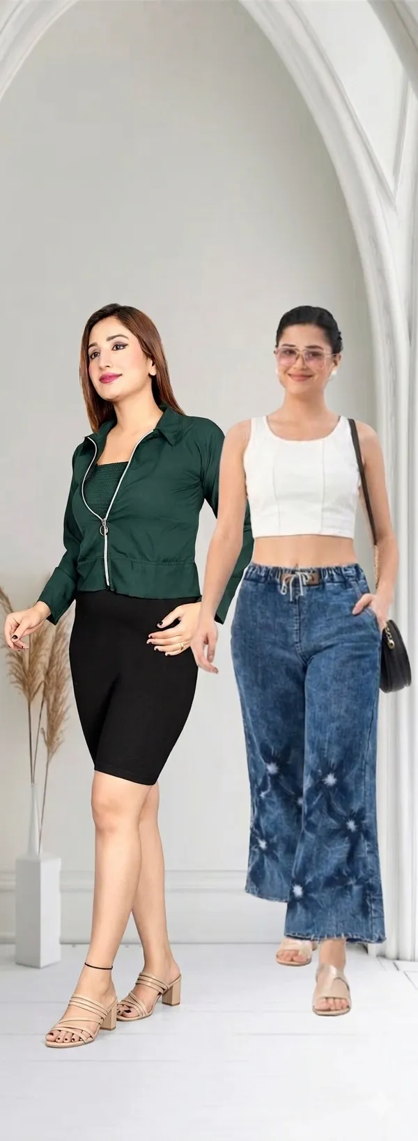 Dark_Green_Cropped_Tube_Top_With_Matching_Jacket_Set_And_Women_Blue_Tie-Dye_Wide_Leg_Palazzo_Pants_With_Floral_Print_Pack_Of_2