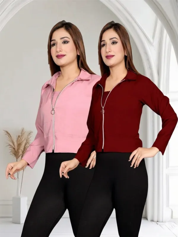 Maroon_Crop_Jacket_With_Front_Zip_And_Collared_Design_And_Women_Cropped_Jacket_With_Front_Zip_Pack_Of_2