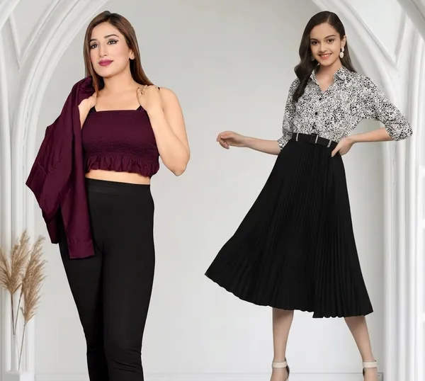Black_Pleated_Midi_Skirt_With_Floral_Print_Shirt_-_Girls_Two-Piece_Outfit_And_Girls_Maroon_Bomber_Jacket_With_Crop_Top_Pack_Of_2
