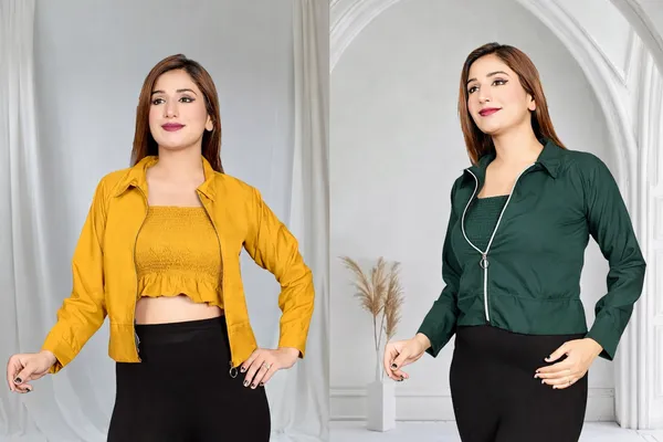Dark_Green_Cropped_Tube_Top_With_Matching_Jacket_Set_And__Women_Mustard_Yellow_Crop_Jacket_With_Zip_Closure_Pack_Of_2