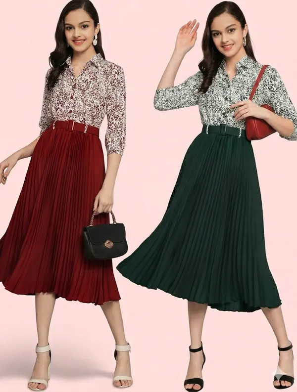 Green_Pleated_Midi_Skirt_With_Sequin_Shirt_Outfit_Set_And_Girls_Pleated_Midi_Skirt_With_Sequin_Shirt_-_Maroon_Pack_Of_2
