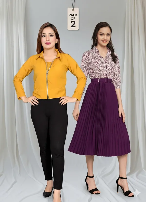 Purple_Floral_Print_Belted_Pleated_Midi_Skirt_With_Shirt_And_Girls_Mustard_Yellow_Crop_Jacket_With_Zip_Closure_Pack_Of_2