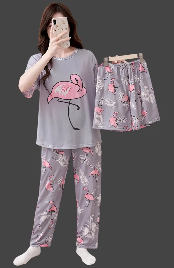 Grey_Flamingo_Print_Cotton_Sleepwear_Set_-_3-Piece_Pajama_Nightwear
