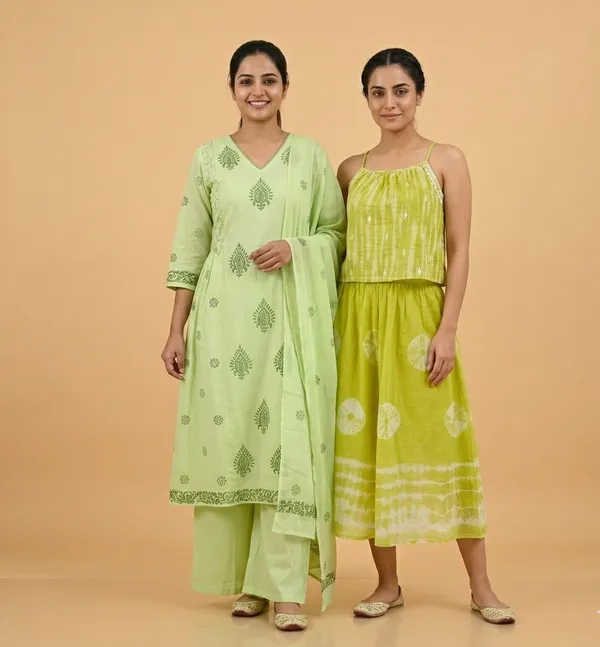 Yellow_And_Green_Cotton_Anarkali_Kurta_Set_With_Dupatta_And_Flared_Top_&_Skirt_For_Women_Pack_Of_2