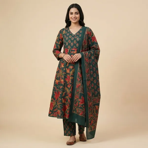 Green_Cotton_Kurta_Set_With_Dupatta_For_Women