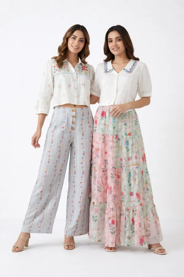 White_And_Blue_Cotton_Co-Ord_Set_And_Top_&_Skirt_For_Women_Pack_Of_2